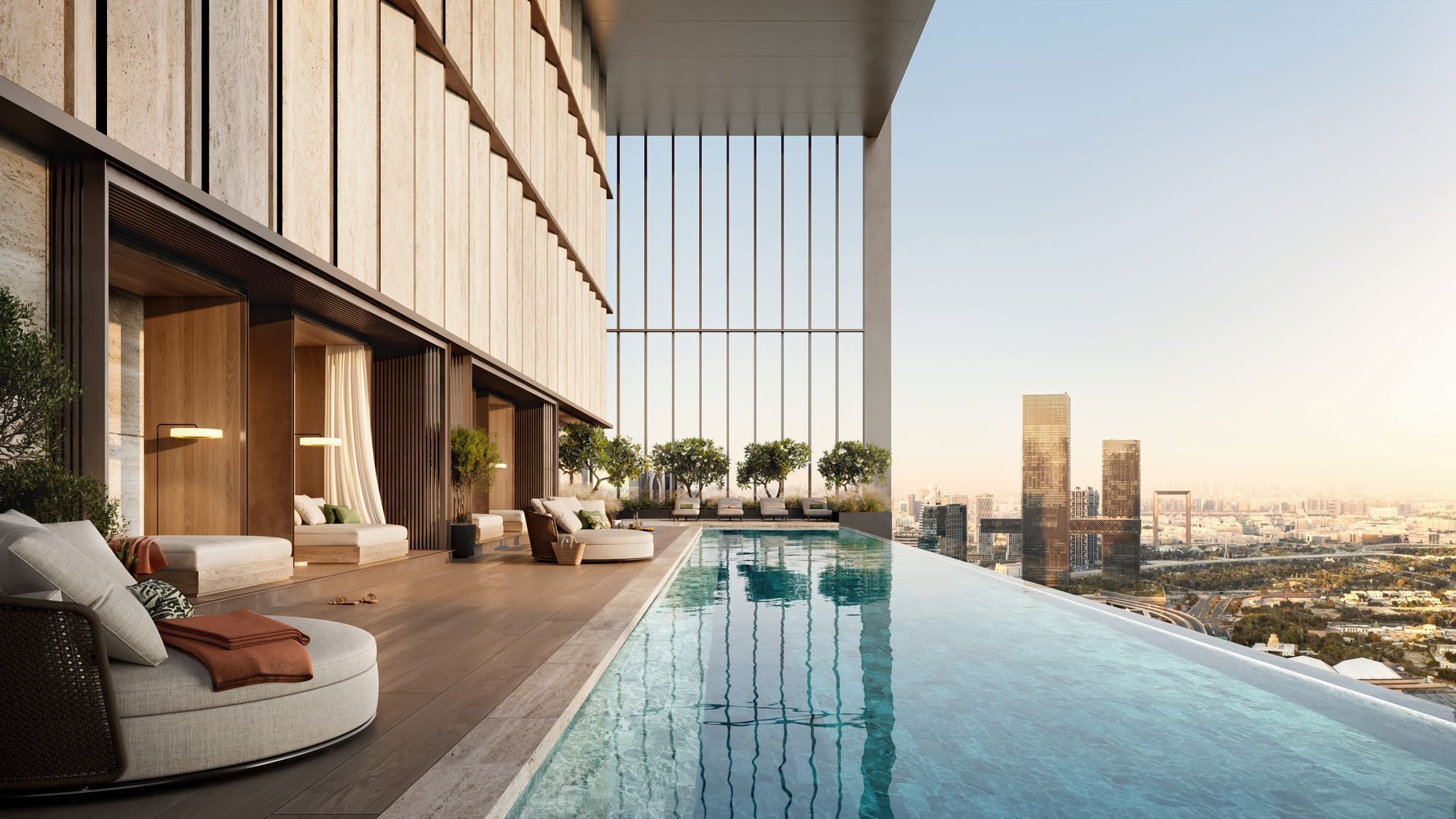 Spacious living room with panoramic city views at Jumeirah Residences